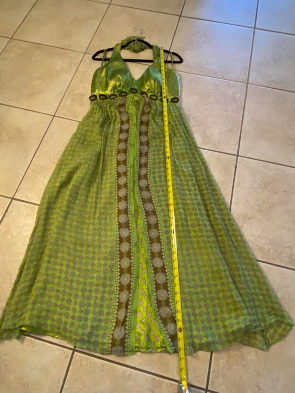 Vintage Lime Green Halter Maxi Dress with Brown Accents - Picture 6 of 8